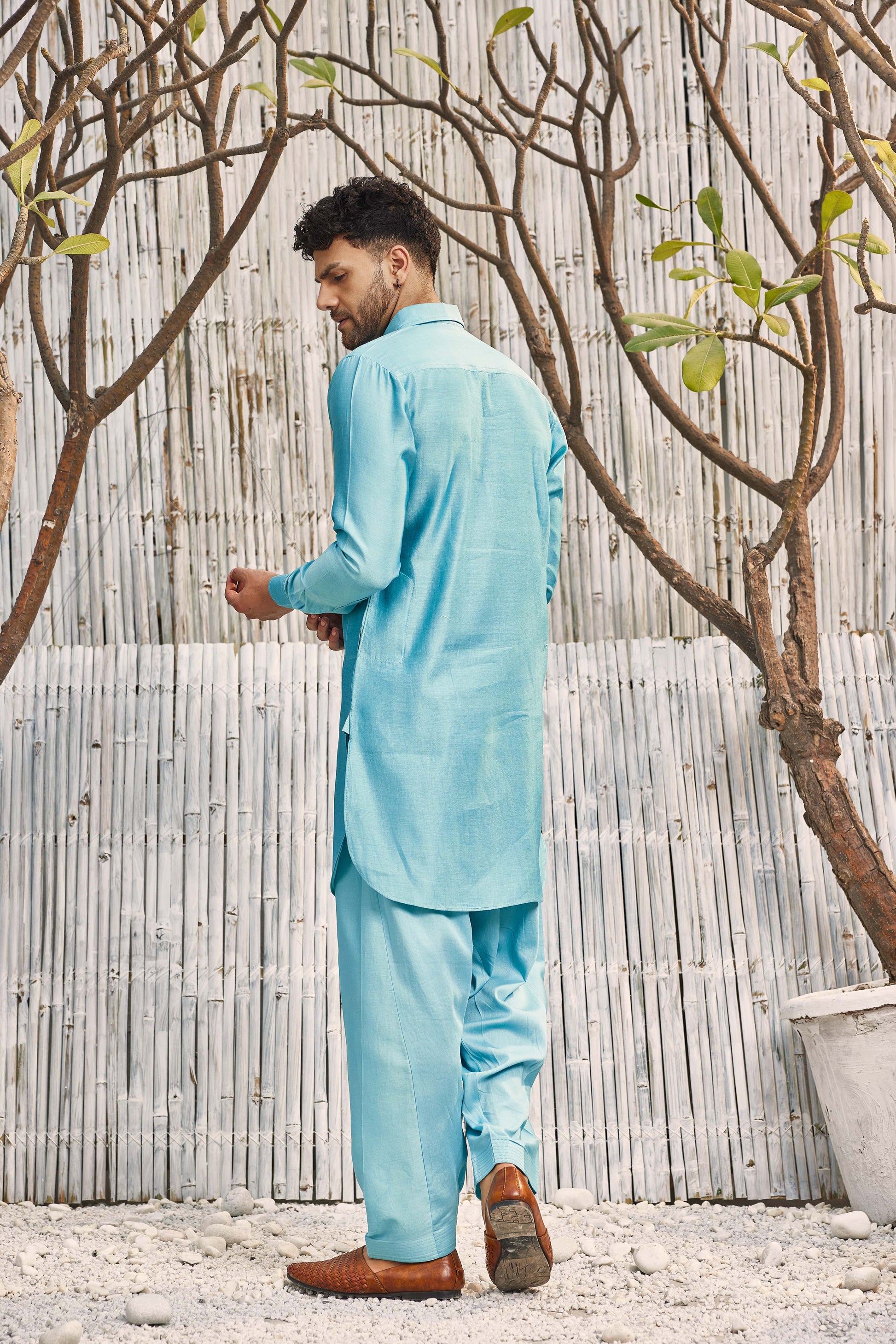 Chanderi Pathani with Salwar - Set of 2 - Blue by Charkhee with Blue, Chanderi, Cotton, Cotton Satin, Festive Wear, Kurta Salwar Sets, Mens Co-ords, Menswear, Natural, Regular Fit, Shores 23, Solids at Kamakhyaa for sustainable fashion