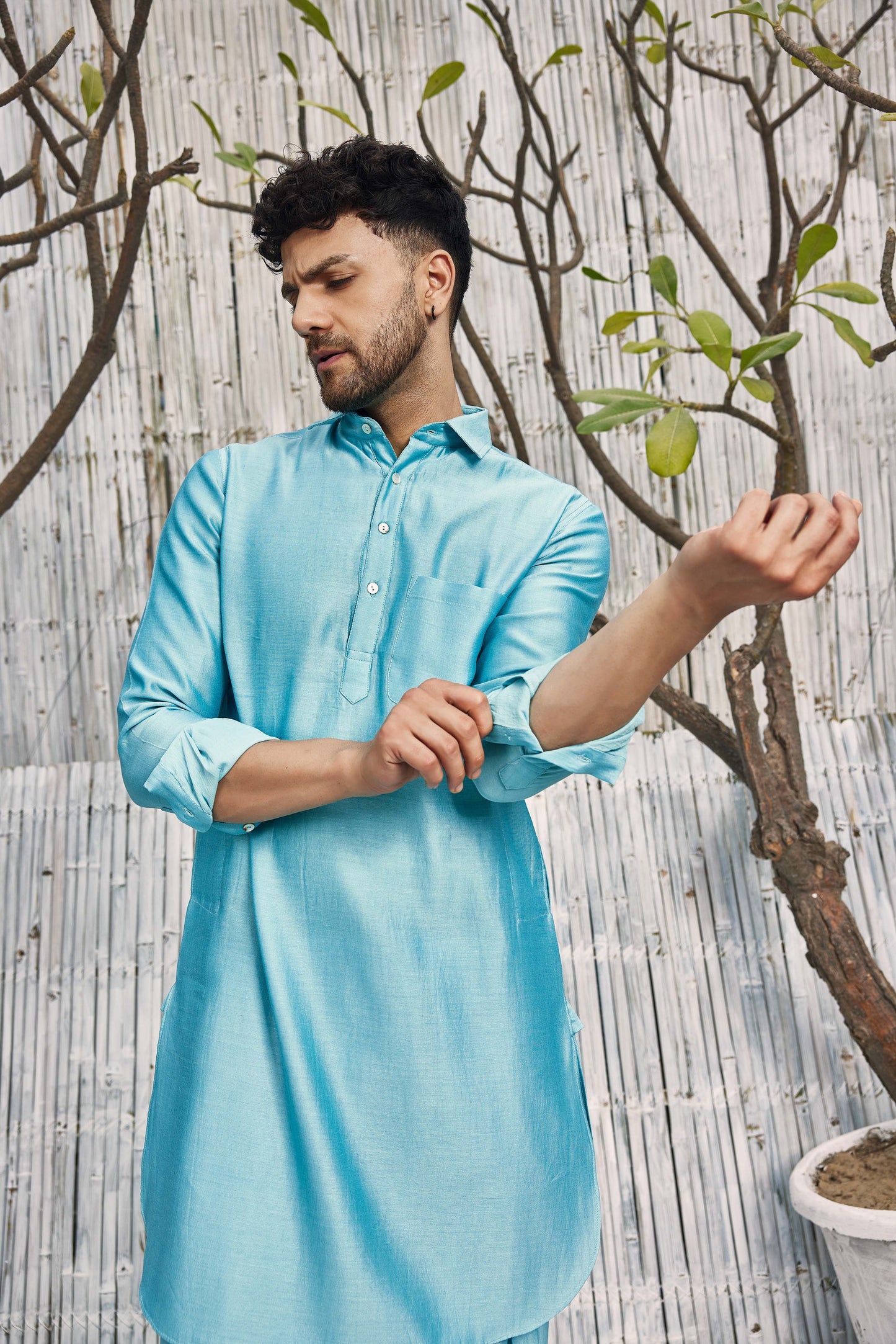 Chanderi Pathani with Salwar - Set of 2 - Blue by Charkhee with Blue, Chanderi, Cotton, Cotton Satin, Festive Wear, Kurta Salwar Sets, Mens Co-ords, Menswear, Natural, Regular Fit, Shores 23, Solids at Kamakhyaa for sustainable fashion