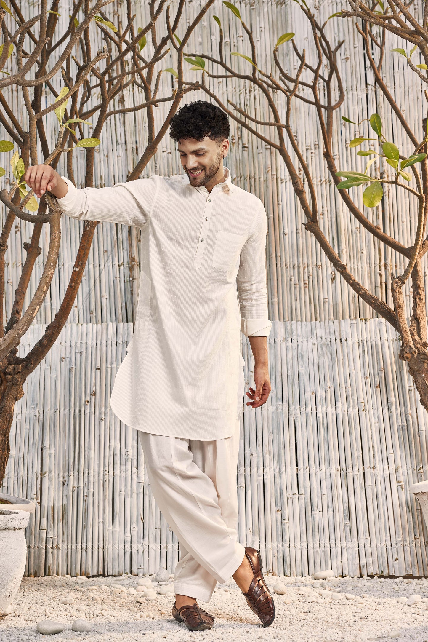 Cotton Pathani with Salwar - Set of 2 Off-White Menswear Festive Wear, Kurta Salwar Sets, Natural, Off-white, Regular Fit, Shores 23, Textured Charkhee Kamakhyaa