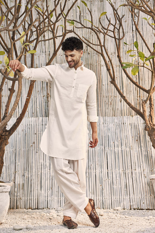 Cotton Pathani with Salwar - Set of 2 Off-White Festive Wear, Kurta Salwar Sets, Natural, Off-white, Regular Fit, Shores 23, Textured Kamakhyaa
