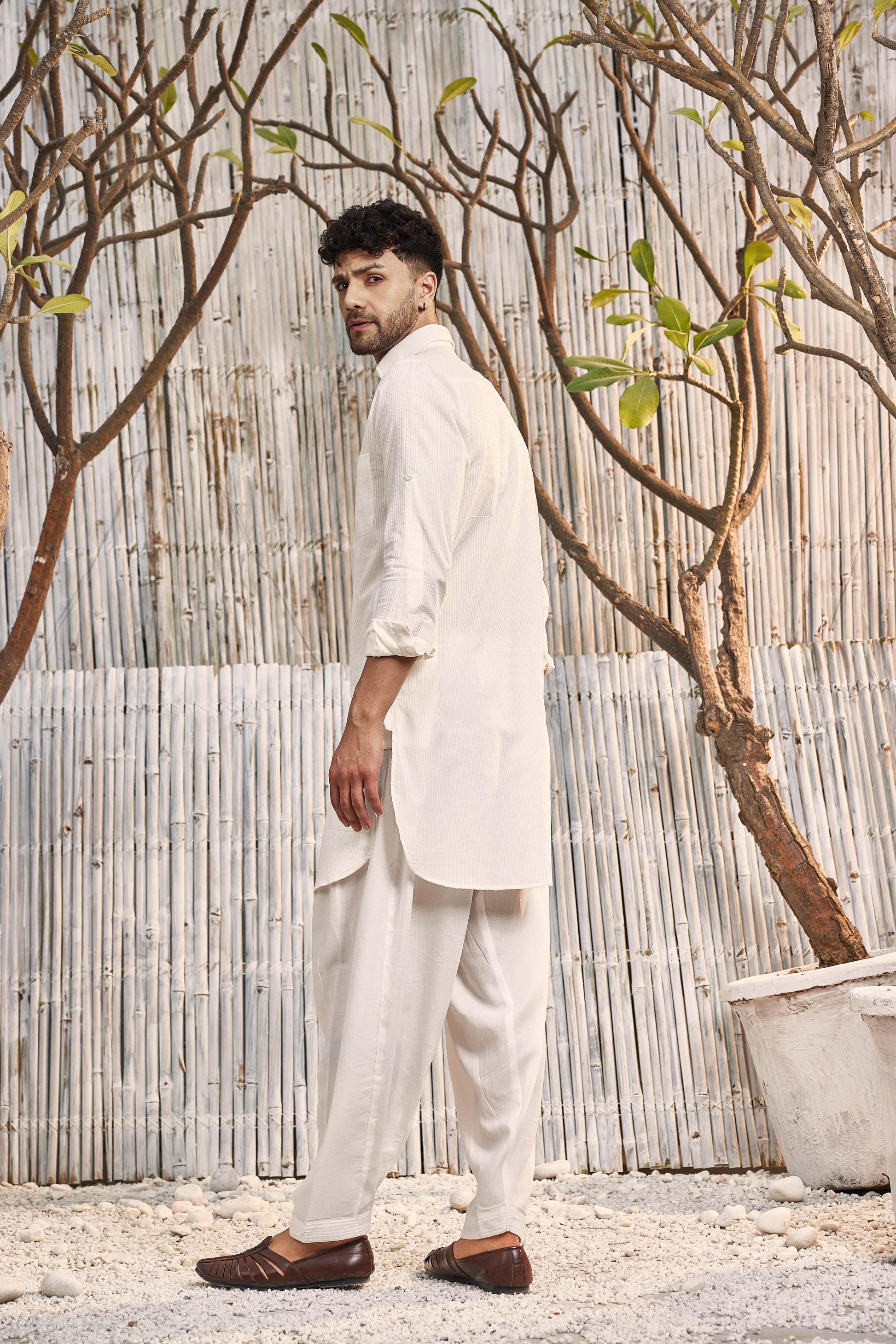 Cotton Pathani with Salwar - Set of 2 - Off-White by Charkhee with Cotton, Cotton Satin, Dobby Cotton, Festive Wear, Kurta Salwar Sets, Mens Co-ords, Menswear, Natural, Off-white, Regular Fit, Shores 23, Textured, Wedding Gifts at Kamakhyaa for sustainable fashion