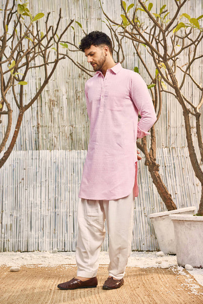 Cotton Pathani with Salwar - Set of 2 - Pink by Charkhee with Cotton, Cotton Satin, Dobby Cotton, Festive Wear, Kurta Salwar Sets, Mens Co-ords, Menswear, Natural, Pink, Regular Fit, Shores 23, Textured at Kamakhyaa for sustainable fashion