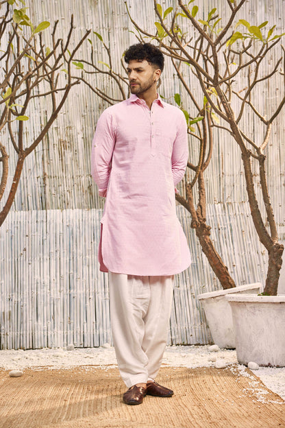 Cotton Pathani with Salwar - Set of 2 - Pink by Charkhee with Cotton, Cotton Satin, Dobby Cotton, Festive Wear, Kurta Salwar Sets, Mens Co-ords, Menswear, Natural, Pink, Regular Fit, Shores 23, Textured at Kamakhyaa for sustainable fashion