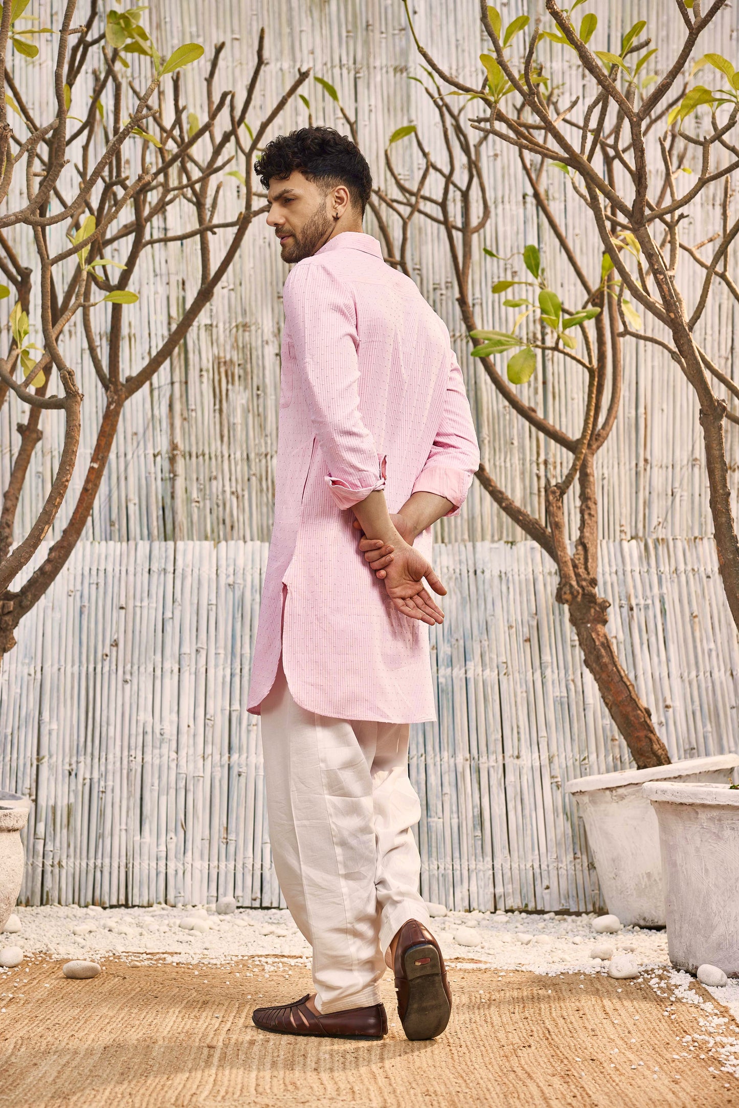 Cotton Pathani with Salwar - Set of 2 - Pink by Charkhee with Cotton, Cotton Satin, Dobby Cotton, Festive Wear, Kurta Salwar Sets, Mens Co-ords, Menswear, Natural, Pink, Regular Fit, Shores 23, Textured at Kamakhyaa for sustainable fashion