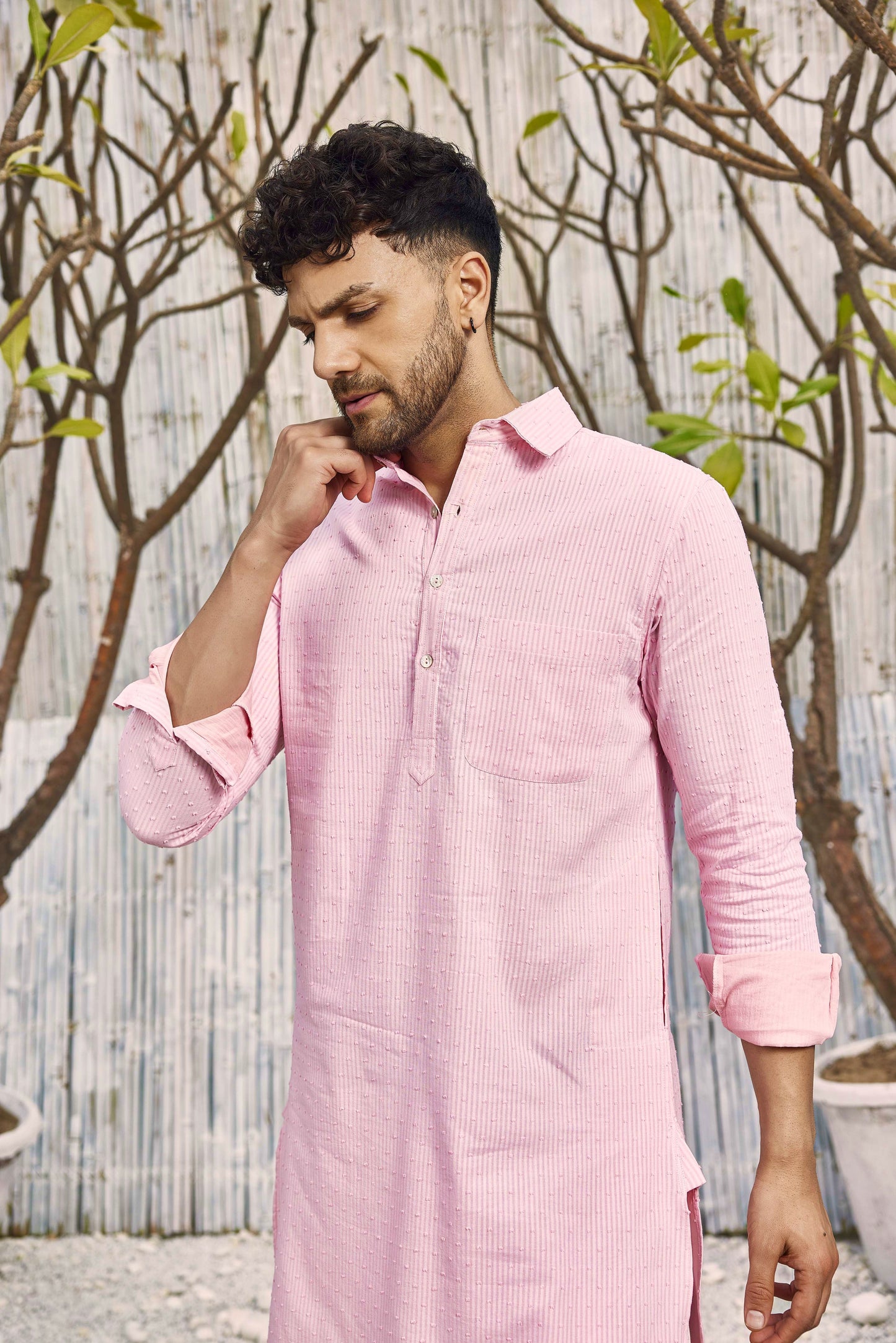 Cotton Pathani with Salwar - Set of 2 - Pink by Charkhee with Cotton, Cotton Satin, Dobby Cotton, Festive Wear, Kurta Salwar Sets, Mens Co-ords, Menswear, Natural, Pink, Regular Fit, Shores 23, Textured at Kamakhyaa for sustainable fashion