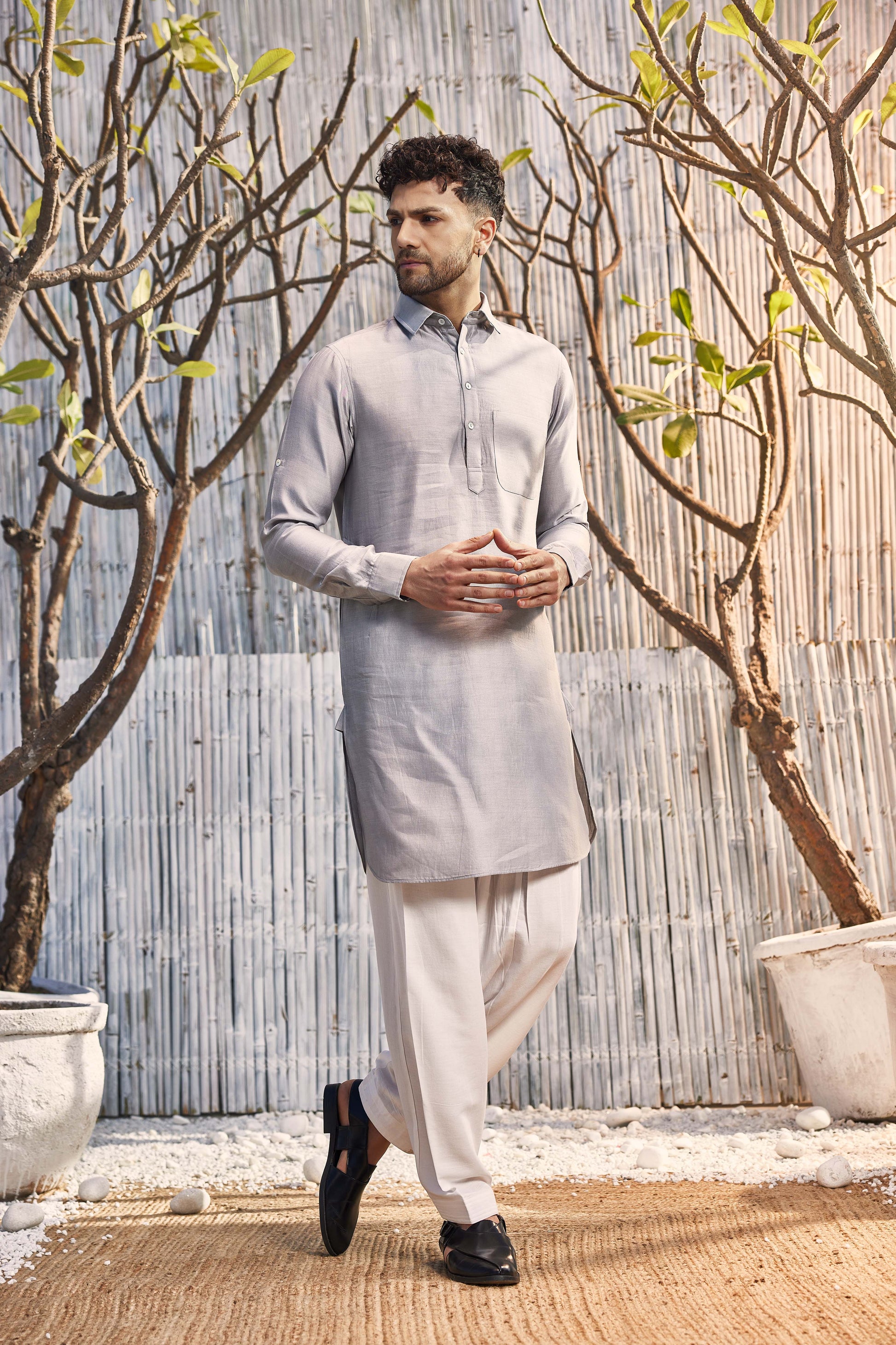 Chanderi Pathani with Salwar - Set of 2 - Grey by Charkhee with Chanderi, Cotton, Cotton Satin, Festive Wear, Grey, Kurta Salwar Sets, Mens Co-ords, Menswear, Natural, Regular Fit, Shores 23, Solids at Kamakhyaa for sustainable fashion