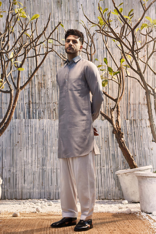 Chanderi Pathani with Salwar - Set of 2 - Grey by Charkhee with Chanderi, Cotton, Cotton Satin, Festive Wear, Grey, Kurta Salwar Sets, Mens Co-ords, Menswear, Natural, Regular Fit, Shores 23, Solids at Kamakhyaa for sustainable fashion