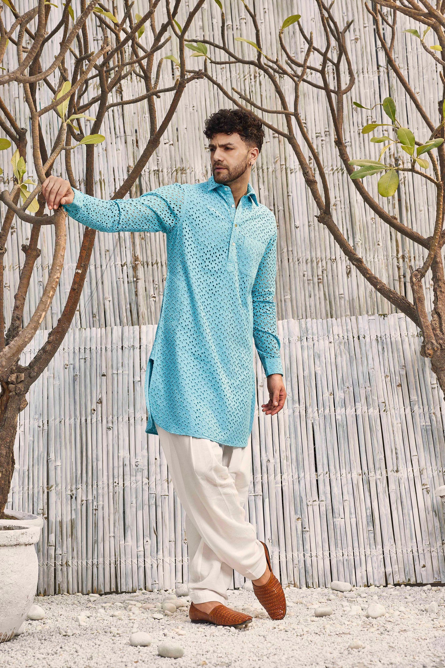 Cutwork Pathani with Salwar - Set of 2 - Blue by Charkhee with Blue, Cotton, Cotton Satin, Festive Wear, Kurta Salwar Sets, Mens Co-ords, Menswear, Natural, Regular Fit, Schiffli, Shores 23, Textured at Kamakhyaa for sustainable fashion