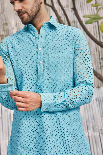 Cutwork Pathani with Salwar - Set of 2 - Blue by Charkhee with Blue, Cotton, Cotton Satin, Festive Wear, Kurta Salwar Sets, Mens Co-ords, Menswear, Natural, Regular Fit, Schiffli, Shores 23, Textured at Kamakhyaa for sustainable fashion