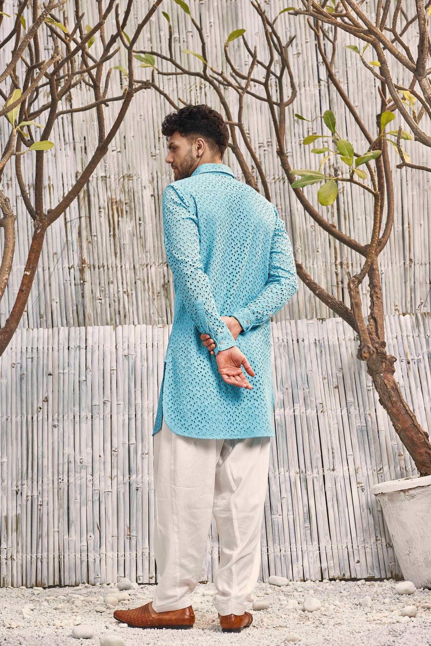 Cutwork Pathani with Salwar - Set of 2 - Blue by Charkhee with Blue, Cotton, Cotton Satin, Festive Wear, Kurta Salwar Sets, Mens Co-ords, Menswear, Natural, Regular Fit, Schiffli, Shores 23, Textured at Kamakhyaa for sustainable fashion
