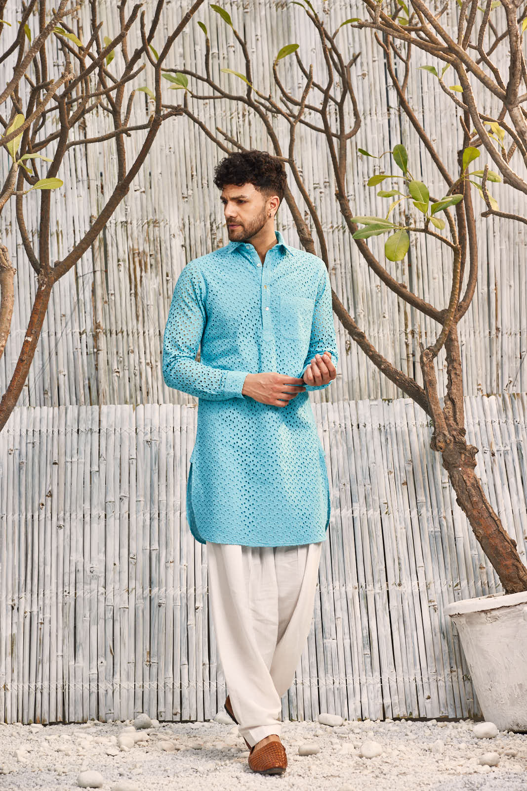 Cutwork Pathani with Salwar - Set of 2 - Blue by Charkhee with Blue, Cotton, Cotton Satin, Festive Wear, Kurta Salwar Sets, Mens Co-ords, Menswear, Natural, Regular Fit, Schiffli, Shores 23, Textured at Kamakhyaa for sustainable fashion