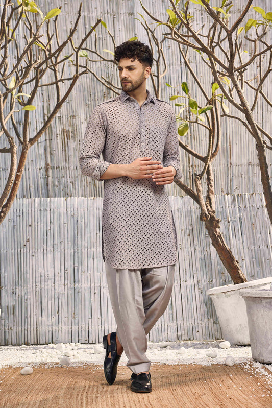 Cutwork Pathani with Salwar - Set of 2 -Grey by Charkhee with Cotton, Cotton Satin, Festive Wear, Grey, Kurta Salwar Sets, Mens Co-ords, Menswear, Natural, Regular Fit, Schiffli, Shores 23, Textured at Kamakhyaa for sustainable fashion