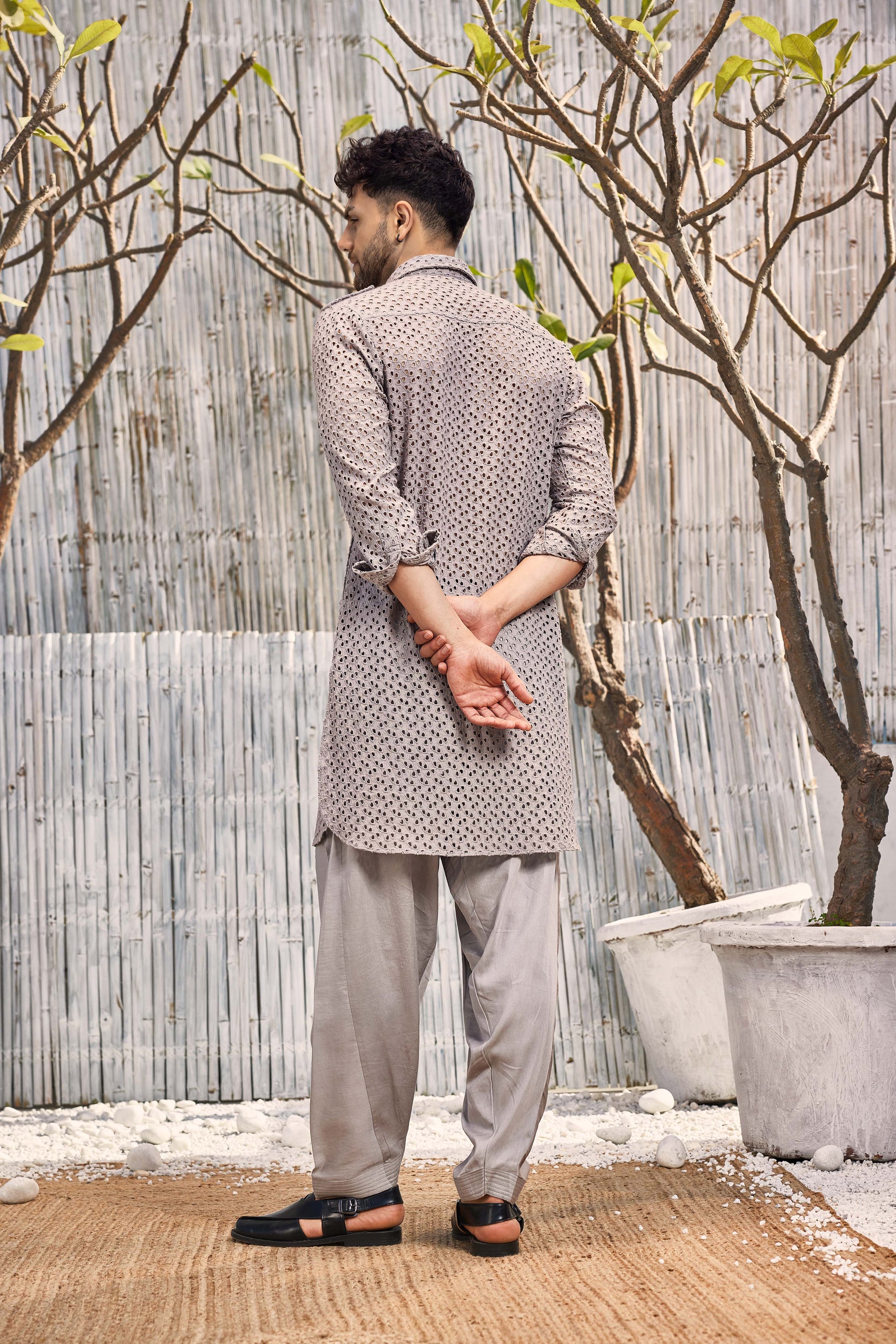Cutwork Pathani with Salwar - Set of 2 Grey Menswear Cotton, Cotton Satin, Festive Wear, Grey, Kurta Salwar Sets, Natural, Regular Fit, Schiffli Cotton, Shores 23, Textured Charkhee Kamakhyaa