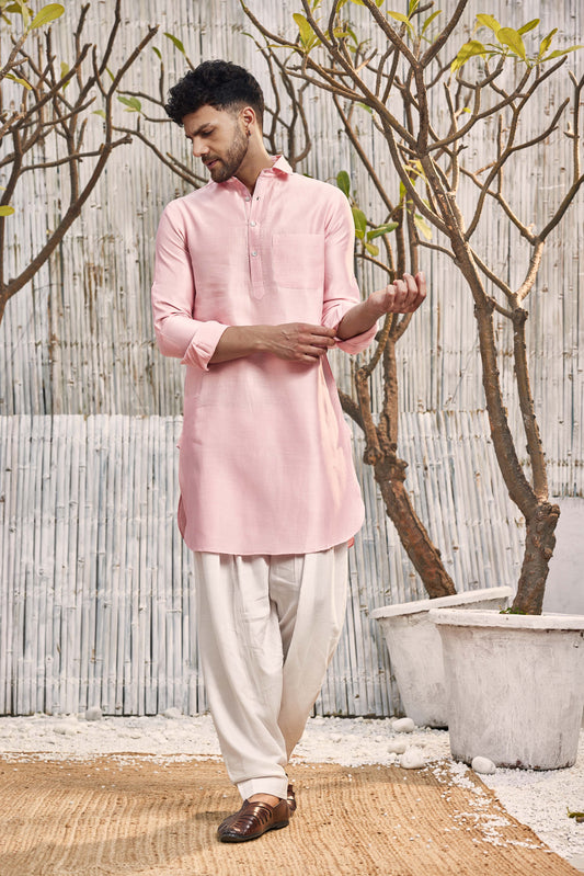 Chanderi Pathani with Salwar - Set of 2 - Pink by Charkhee with Chanderi, Cotton, Cotton Satin, Festive Wear, Kurta Salwar Sets, Mens Co-ords, Menswear, Natural, Pink, Regular Fit, Shores 23, Solids at Kamakhyaa for sustainable fashion