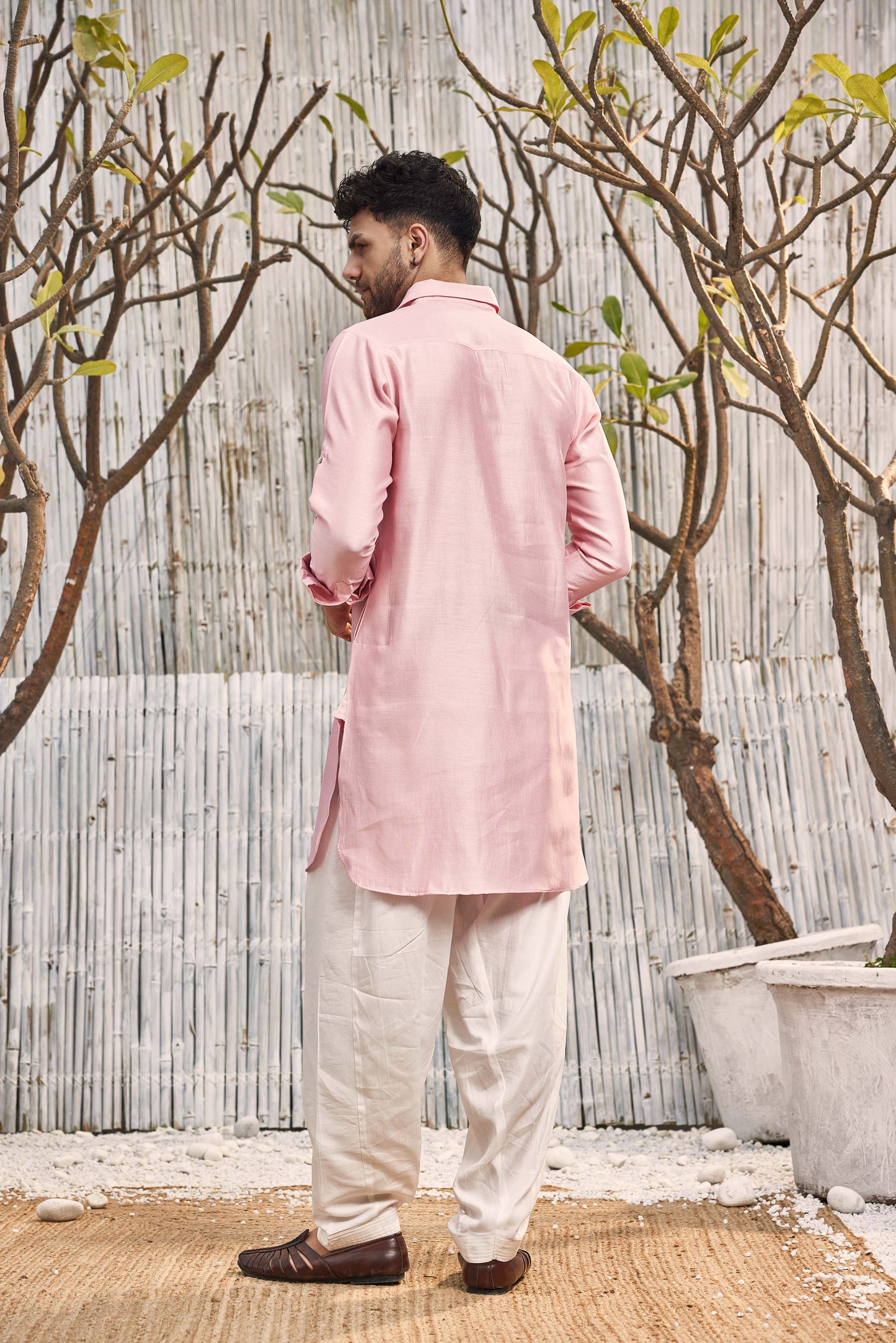 Chanderi Pathani with Salwar - Set of 2 - Pink by Charkhee with Chanderi, Cotton, Cotton Satin, Festive Wear, Kurta Salwar Sets, Mens Co-ords, Menswear, Natural, Pink, Regular Fit, Shores 23, Solids at Kamakhyaa for sustainable fashion