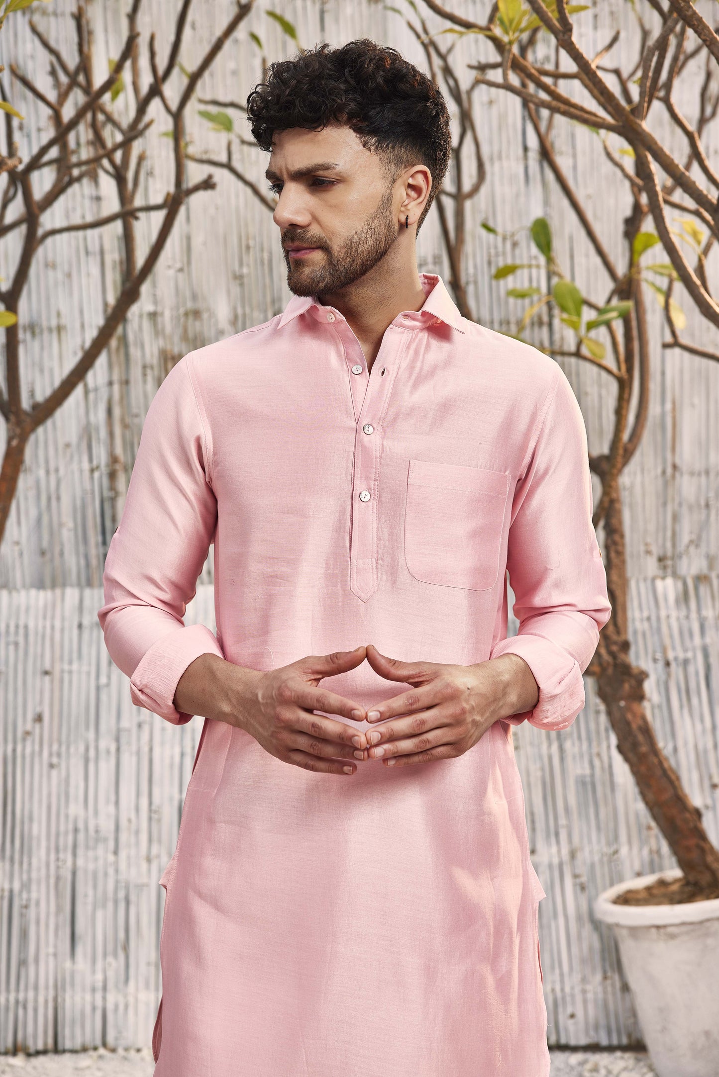 Chanderi Pathani with Salwar - Set of 2 - Pink by Charkhee with Chanderi, Cotton, Cotton Satin, Festive Wear, Kurta Salwar Sets, Mens Co-ords, Menswear, Natural, Pink, Regular Fit, Shores 23, Solids at Kamakhyaa for sustainable fashion