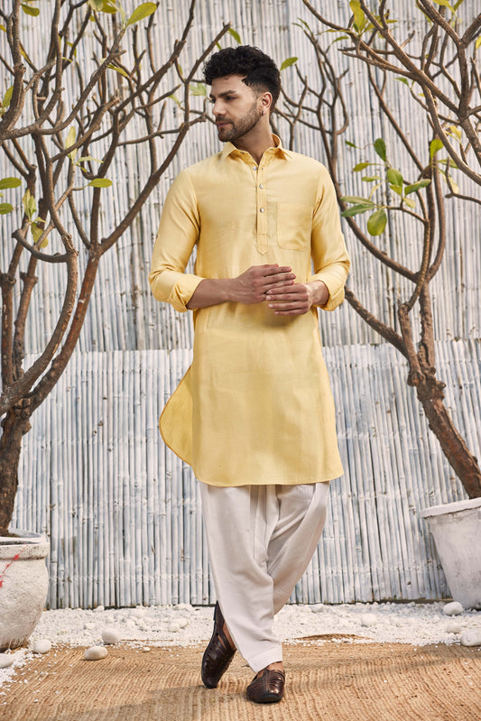 Chanderi Pathani with Salwar - Set of 2 Yellow Festive Wear, Kurta Salwar Sets, Natural, Regular Fit, Shores 23, Solids, Yellow Kamakhyaa