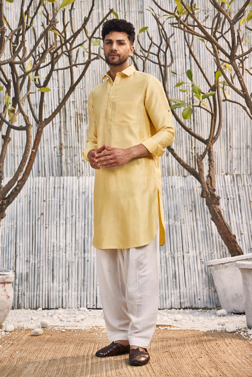 Chanderi Pathani with Salwar - Set of 2 Yellow Menswear Festive Wear, Kurta Salwar Sets, Natural, Regular Fit, Shores 23, Solids, Yellow Charkhee Kamakhyaa