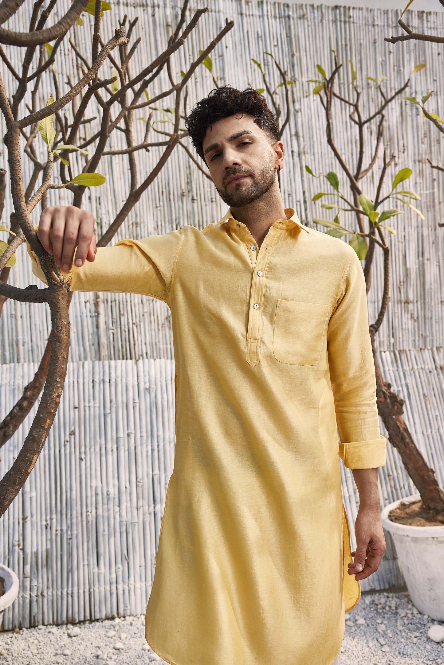 Chanderi Pathani with Salwar - Set of 2 - Yellow by Charkhee with Chanderi, Cotton, Cotton Satin, Festive Wear, Kurta Salwar Sets, Mens Co-ords, Menswear, Natural, Regular Fit, Shores 23, Solids, Yellow at Kamakhyaa for sustainable fashion