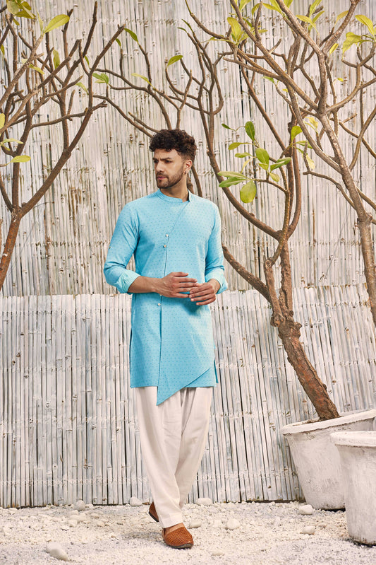 Diagonal Kurta with Salwar - Set of 2 - Blue by Charkhee with Best Selling, Blue, Cotton, Dobby Cotton, Festive Wear, Kurta Salwar Sets, Mens Co-ords, Menswear, Natural, Regular Fit, Shores 23, Textured, Wedding Gifts at Kamakhyaa for sustainable fashion
