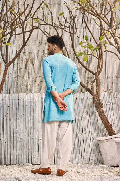 Diagonal Kurta with Salwar - Set of 2 Blue Menswear Blue, Cotton, Cotton Satin, Dobby Cotton, Festive Wear, Kurta Salwar Sets, Natural, Regular Fit, Shores 23, Textured Charkhee Kamakhyaa