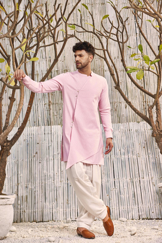 Diagonal Kurta with Salwar - Set of 2 - Pink by Charkhee with Cotton, Dobby Cotton, Festive Wear, Kurta Salwar Sets, Mens Co-ords, Menswear, Natural, Pink, Regular Fit, Shores 23, Textured at Kamakhyaa for sustainable fashion