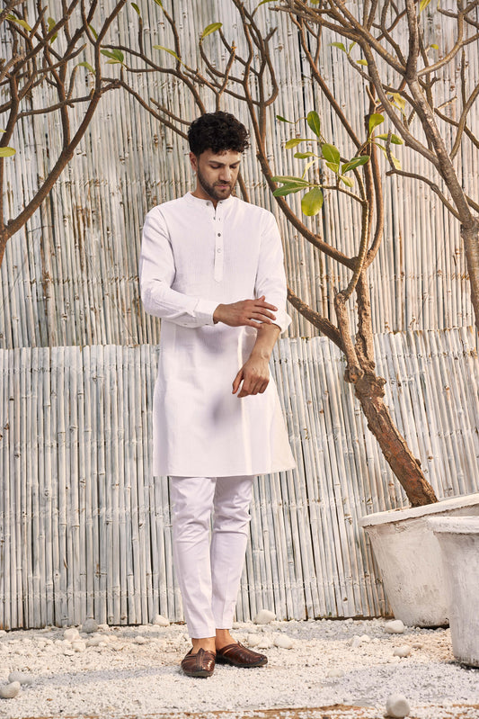 Cotton Straight Kurta with Pant - Set of 2 by Charkhee with Cotton, Dobby Cotton, Festive Wear, Kurta Pant Sets, Mens Co-ords, Menswear, Natural, Off-white, Poplin, Regular Fit, Shores 23, Textured, Wedding Gifts at Kamakhyaa for sustainable fashion