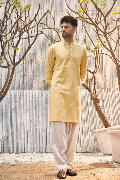 Cotton Straight Kurta with Salwar - Set of 2 Yellow Menswear Cotton, Dobby Cotton, Festive Wear, Kurta Pant Sets, Natural, Poplin, Regular Fit, Shores 23, Textured, Yellow Charkhee Kamakhyaa