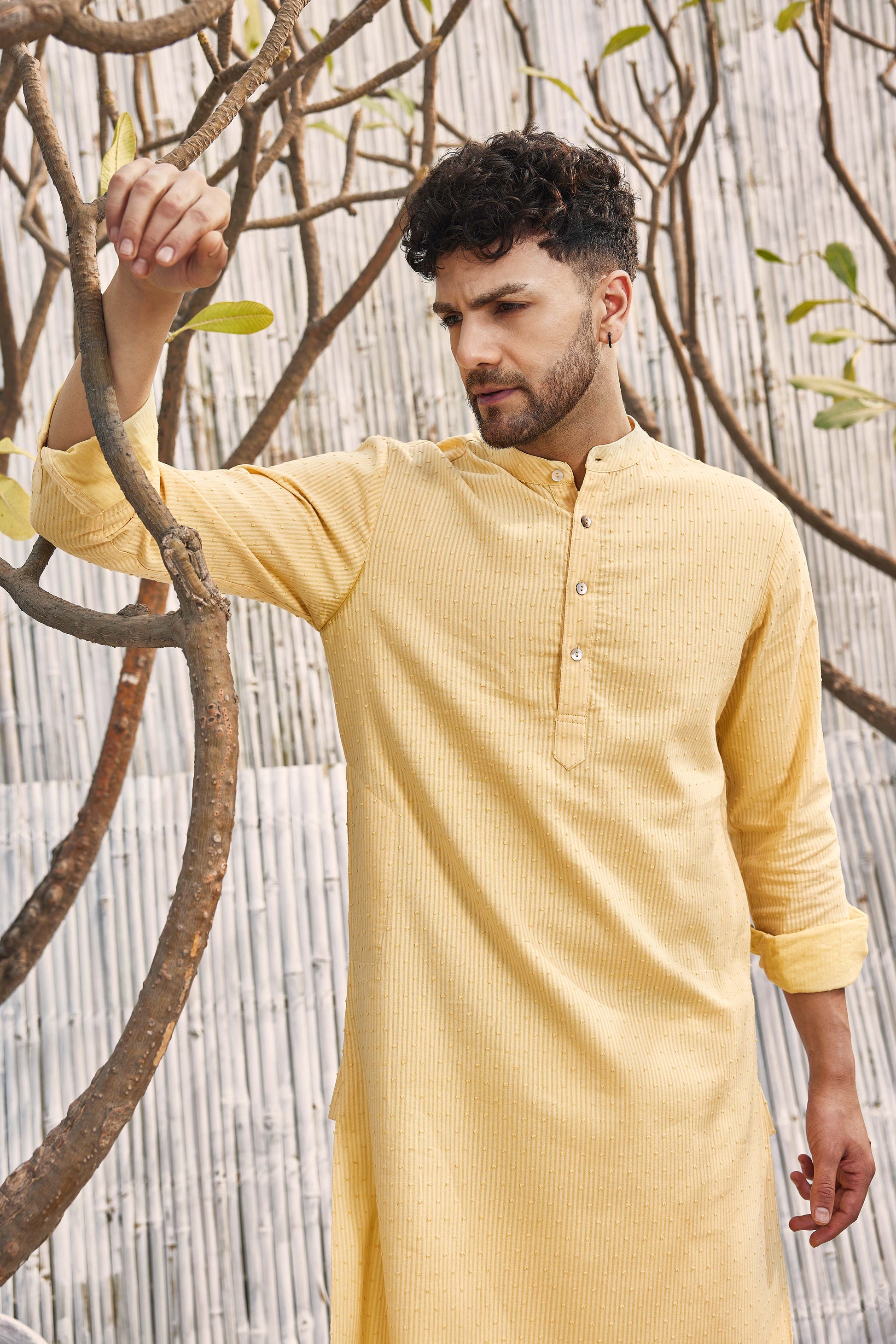 Cotton Straight Kurta with Salwar - Set of 2 - Yellow by Charkhee with Cotton, Dobby Cotton, Festive Wear, Kurta Salwar Sets, Mens Co-ords, Menswear, Natural, Poplin, Regular Fit, Shores 23, Textured, Yellow at Kamakhyaa for sustainable fashion