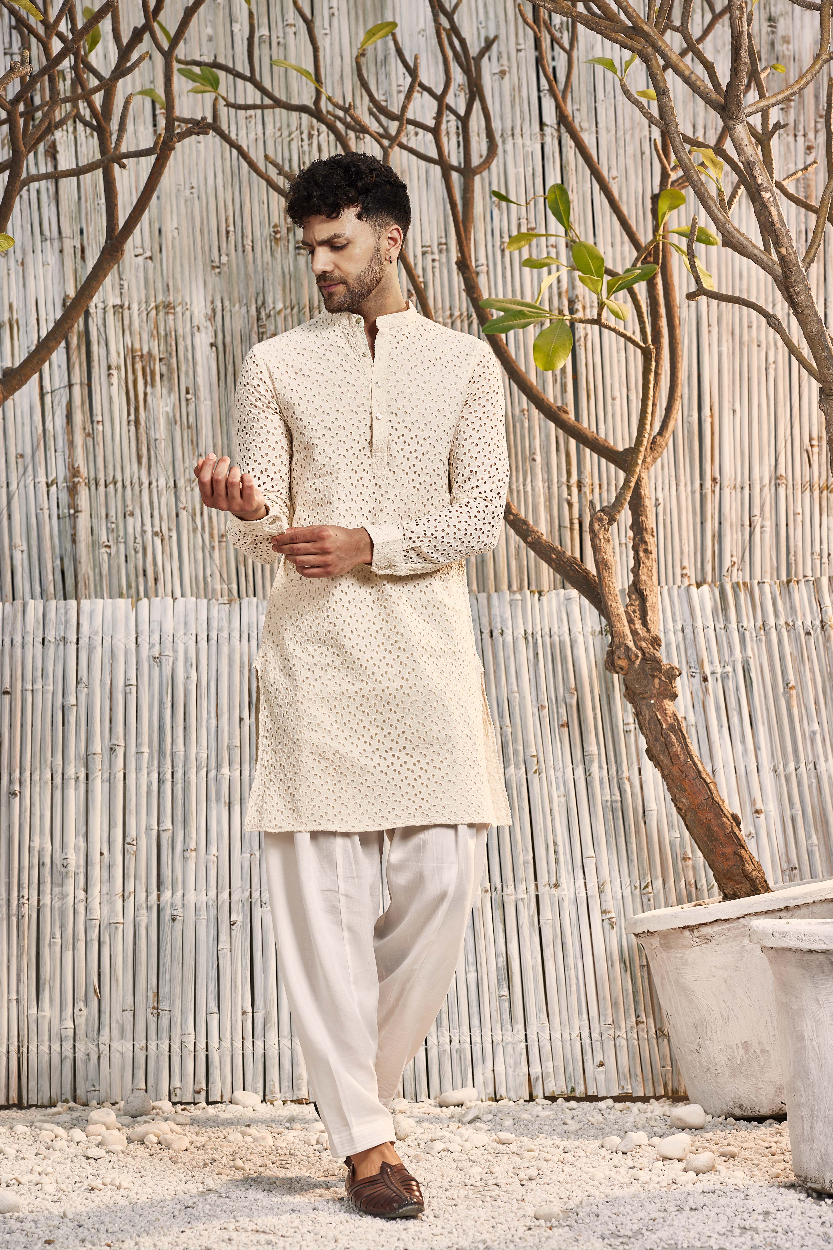 Cutwork straight kurta with Salwar Set of 2 Ivory Kamakhyaa