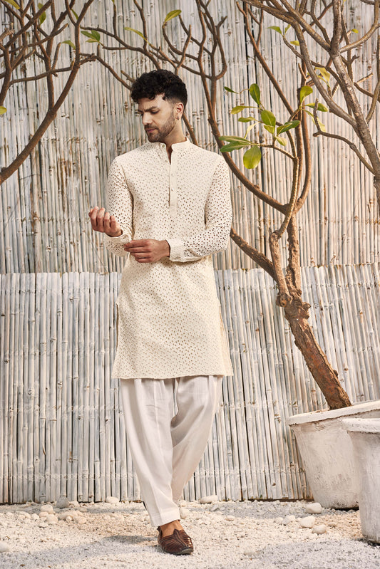 Cutwork straight kurta with Salwar - Set of 2 - Ivory by Charkhee with Cotton, Cotton Satin, Festive Wear, Kurta Salwar Sets, Mens Co-ords, Menswear, Natural, Regular Fit, Schiffli, Shores 23, Textured, Wedding Gifts, White at Kamakhyaa for sustainable fashion