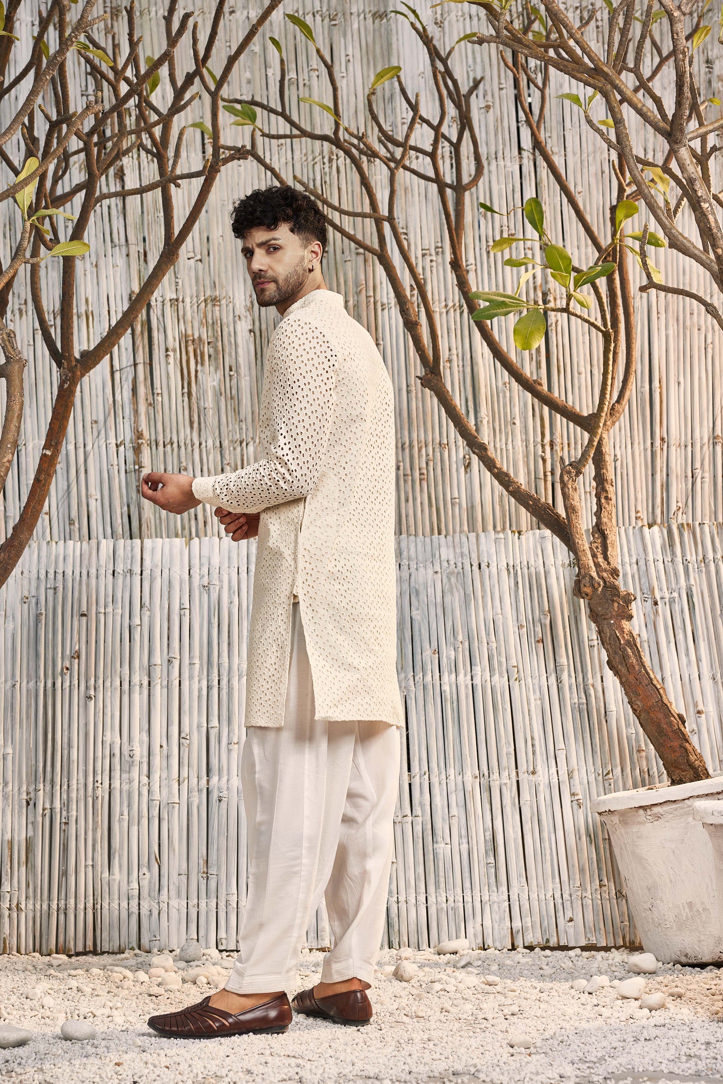 Cutwork straight kurta with Salwar - Set of 2 - Ivory by Charkhee with Cotton, Cotton Satin, Festive Wear, Kurta Salwar Sets, Mens Co-ords, Menswear, Natural, Regular Fit, Schiffli, Shores 23, Textured, Wedding Gifts, White at Kamakhyaa for sustainable fashion