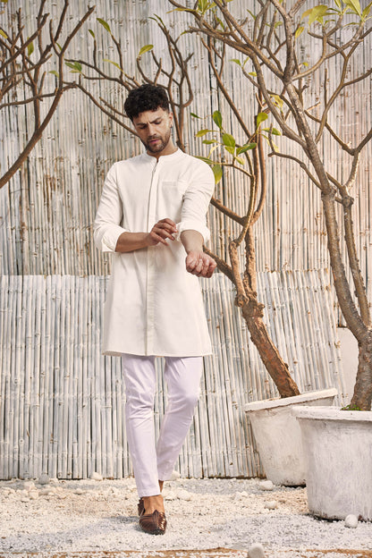 Cotton Placket Kurta with Pant - Set of 2 by Charkhee with Cotton, Dobby Cotton, Festive Wear, For Him, Kurta Pant Sets, Mens Co-ords, Menswear, Natural, Off-white, Poplin, Regular Fit, Shores 23, Shores by Charkherr, Textured, Wedding Gifts at Kamakhyaa for sustainable fashion