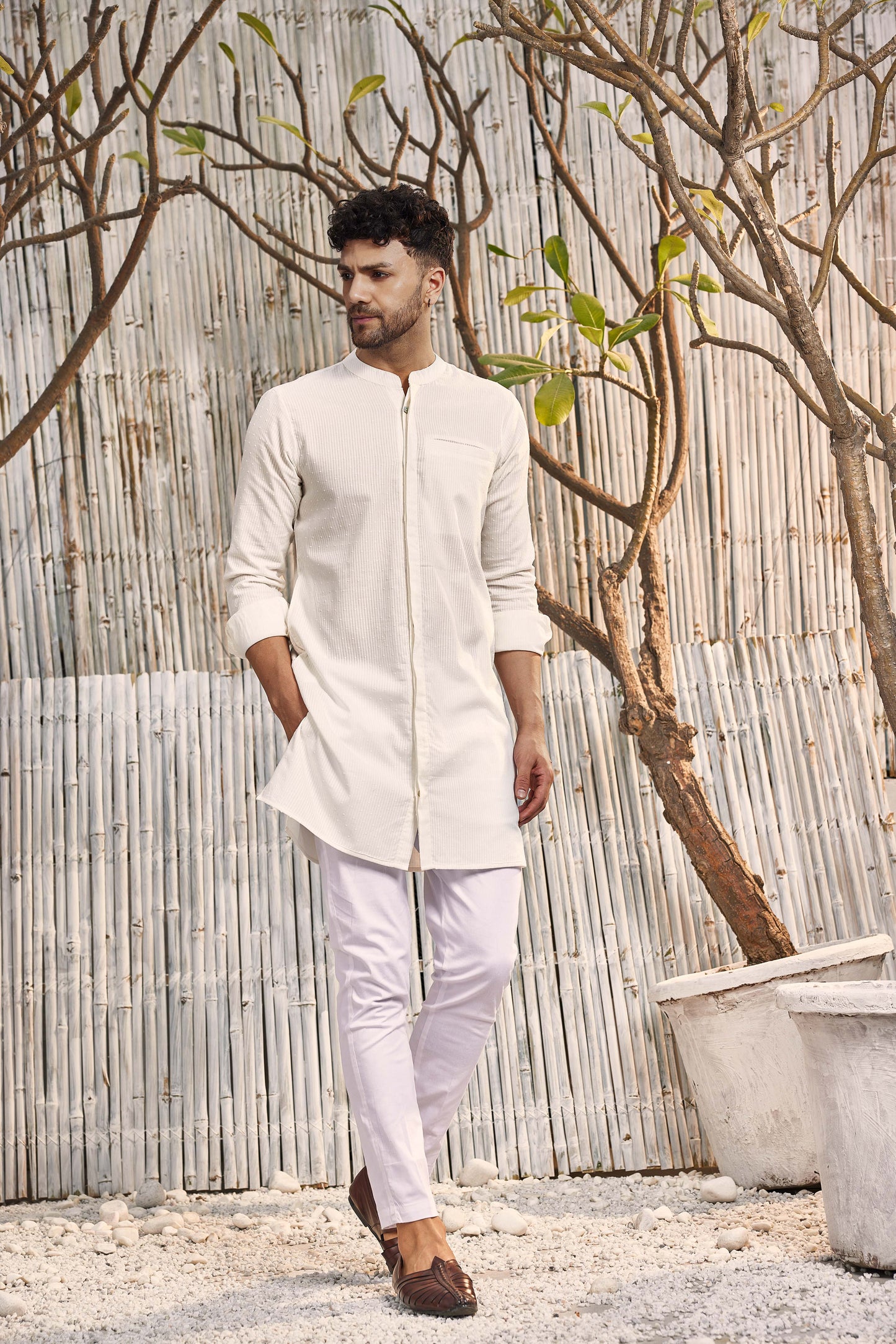 Cotton Placket Kurta - Off-white by Charkhee with Cotton, Dobby Cotton, Festive Wear, For Him, Kurtas, Menswear, Natural, Off-white, Regular Fit, Shores 23, Shores by Charkherr, Textured, Tops, Wedding Gifts at Kamakhyaa for sustainable fashion