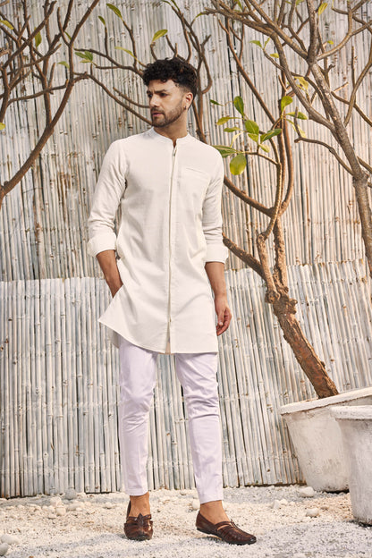 Cotton Placket Kurta with Pant - Set of 2 by Charkhee with Cotton, Dobby Cotton, Festive Wear, For Him, Kurta Pant Sets, Mens Co-ords, Menswear, Natural, Off-white, Poplin, Regular Fit, Shores 23, Shores by Charkherr, Textured, Wedding Gifts at Kamakhyaa for sustainable fashion