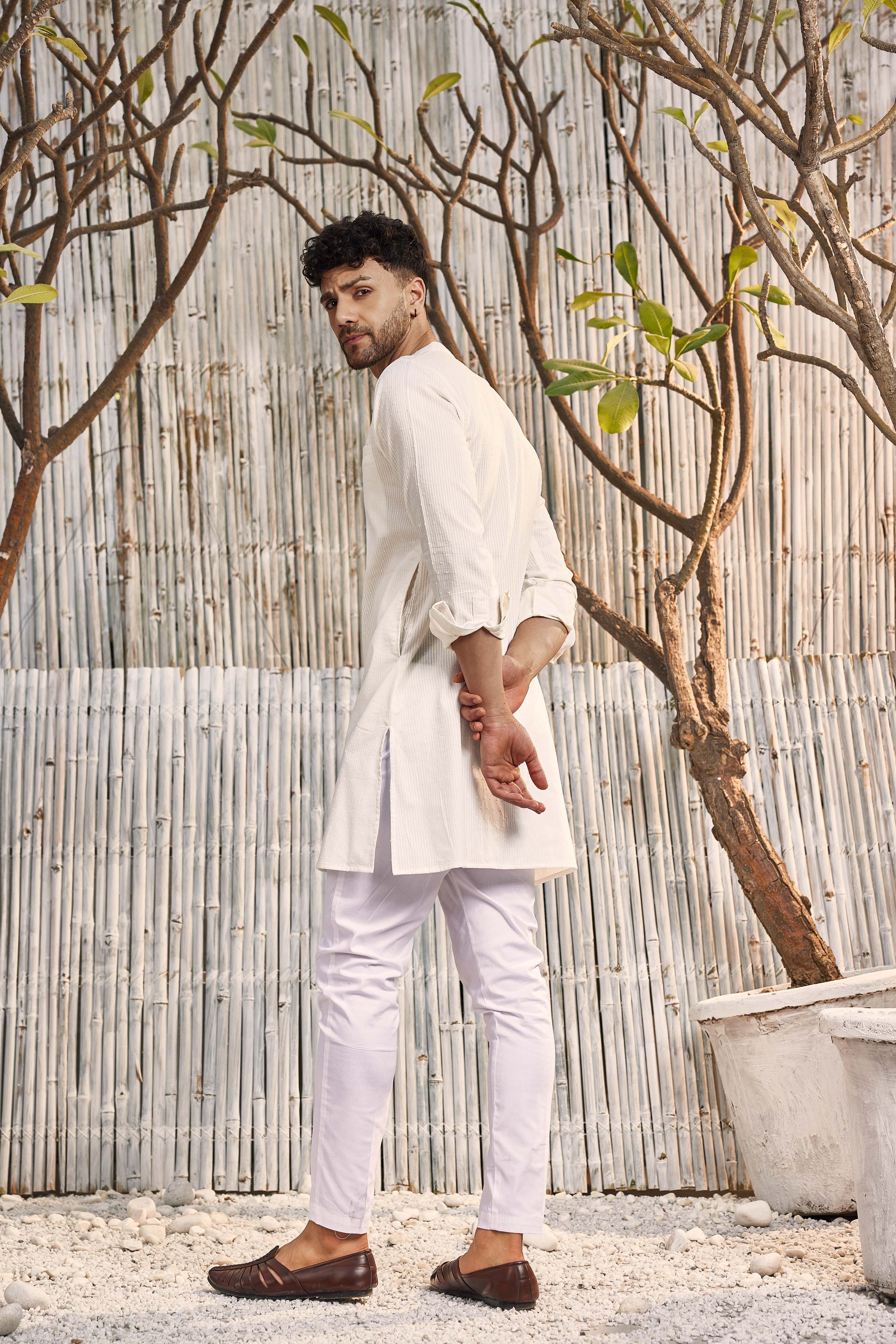 Cotton Placket Kurta with Pant - Set of 2 by Charkhee with Cotton, Dobby Cotton, Festive Wear, For Him, Kurta Pant Sets, Mens Co-ords, Menswear, Natural, Off-white, Poplin, Regular Fit, Shores 23, Shores by Charkherr, Textured, Wedding Gifts at Kamakhyaa for sustainable fashion