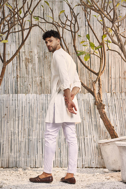 Cotton Placket Kurta - Off-white by Charkhee with Cotton, Dobby Cotton, Festive Wear, For Him, Kurtas, Menswear, Natural, Off-white, Regular Fit, Shores 23, Shores by Charkherr, Textured, Tops, Wedding Gifts at Kamakhyaa for sustainable fashion