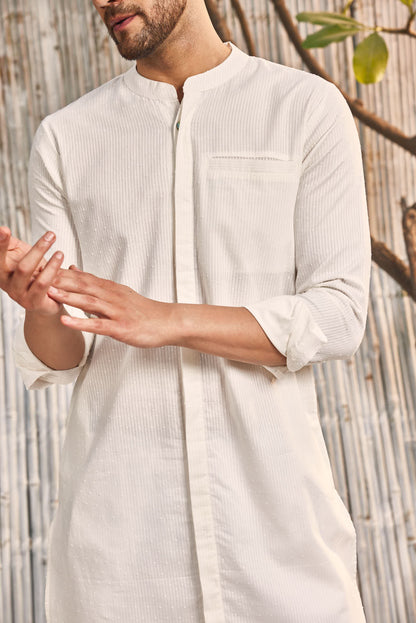 Cotton Placket Kurta - Off-white by Charkhee with Cotton, Dobby Cotton, Festive Wear, For Him, Kurtas, Menswear, Natural, Off-white, Regular Fit, Shores 23, Shores by Charkherr, Textured, Tops, Wedding Gifts at Kamakhyaa for sustainable fashion