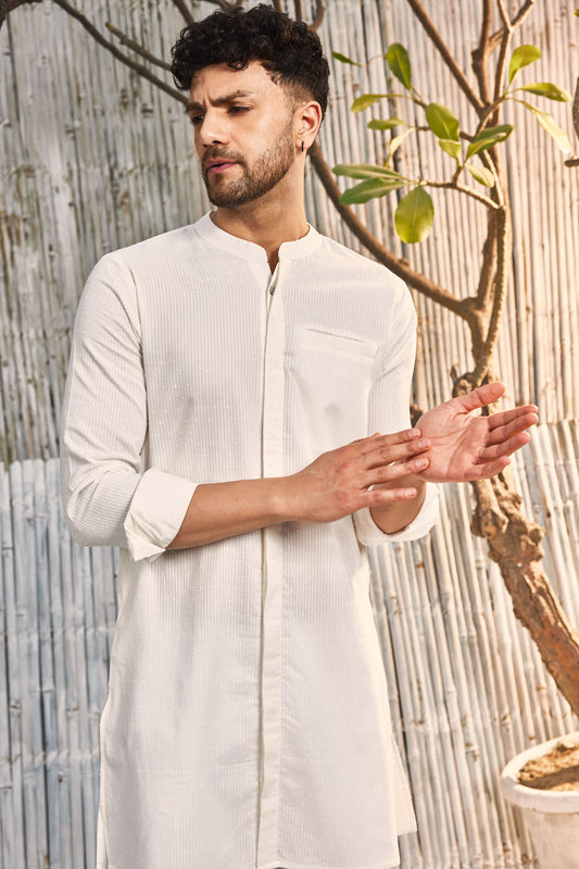 Cotton Placket Kurta - Off-white by Charkhee with Cotton, Dobby Cotton, Festive Wear, For Him, Kurtas, Menswear, Natural, Off-white, Regular Fit, Shores 23, Shores by Charkherr, Textured, Tops, Wedding Gifts at Kamakhyaa for sustainable fashion