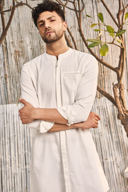 Cotton Placket Kurta with Pant - Set of 2 by Charkhee with Cotton, Dobby Cotton, Festive Wear, For Him, Kurta Pant Sets, Mens Co-ords, Menswear, Natural, Off-white, Poplin, Regular Fit, Shores 23, Shores by Charkherr, Textured, Wedding Gifts at Kamakhyaa for sustainable fashion