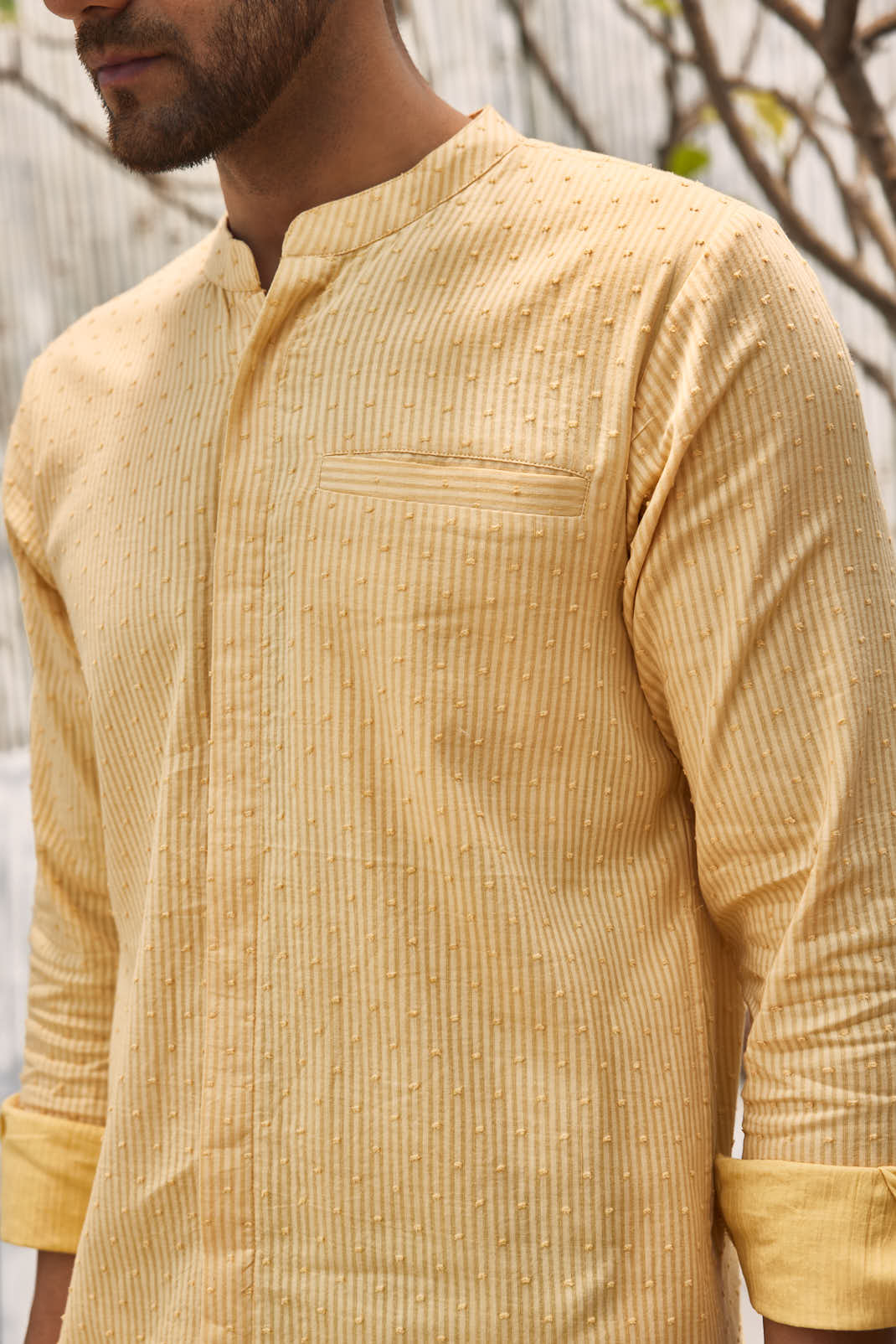 Cotton Placket Kurta with Pant - Set of 2 Yellow by Charkhee with Cotton, Dobby Cotton, Festive Wear, For Him, Kurta Pant Sets, Mens Co-ords, Menswear, Natural, Poplin, Regular Fit, Shores 23, Textured, Wedding Gifts, Yellow at Kamakhyaa for sustainable fashion