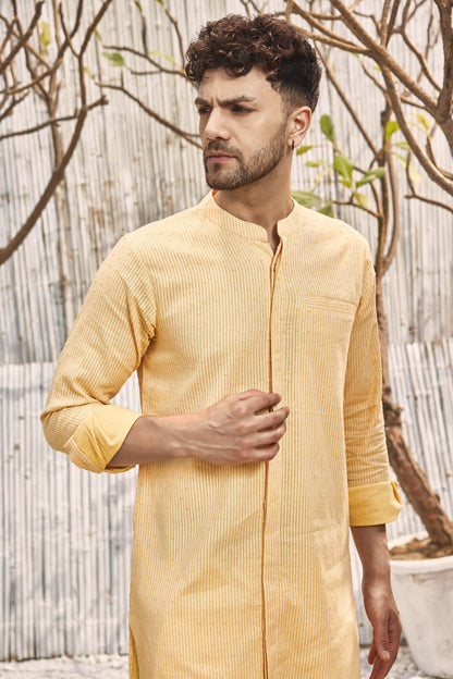 Cotton Placket Kurta - Yellow by Charkhee with Cotton, Dobby Cotton, Festive Wear, For Him, Kurtas, Menswear, Natural, Regular Fit, Shores 23, Textured, Tops, Wedding Gifts, Yellow at Kamakhyaa for sustainable fashion