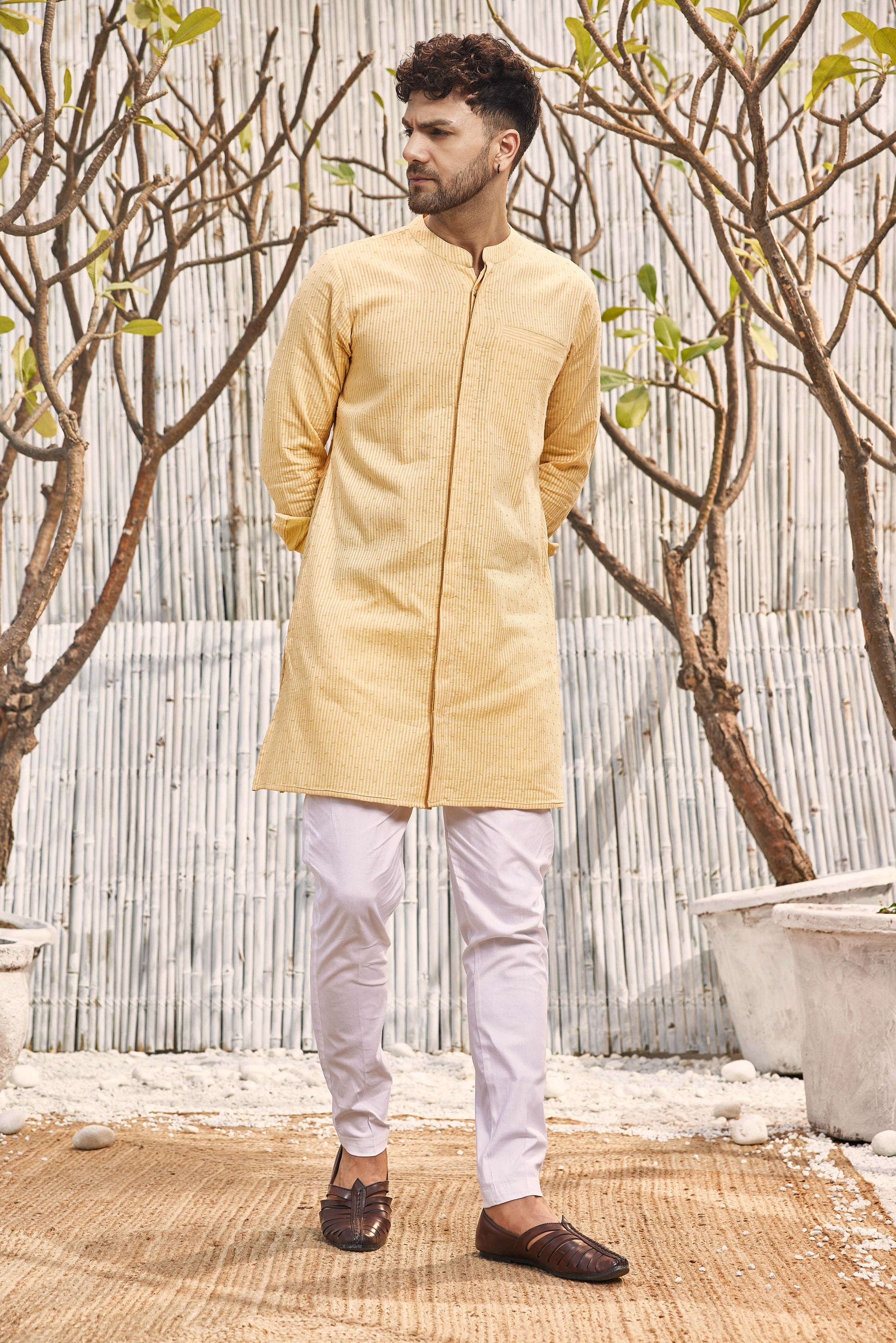 Cotton Placket Kurta with Pant - Set of 2 Yellow by Charkhee with Cotton, Dobby Cotton, Festive Wear, For Him, Kurta Pant Sets, Mens Co-ords, Menswear, Natural, Poplin, Regular Fit, Shores 23, Textured, Wedding Gifts, Yellow at Kamakhyaa for sustainable fashion