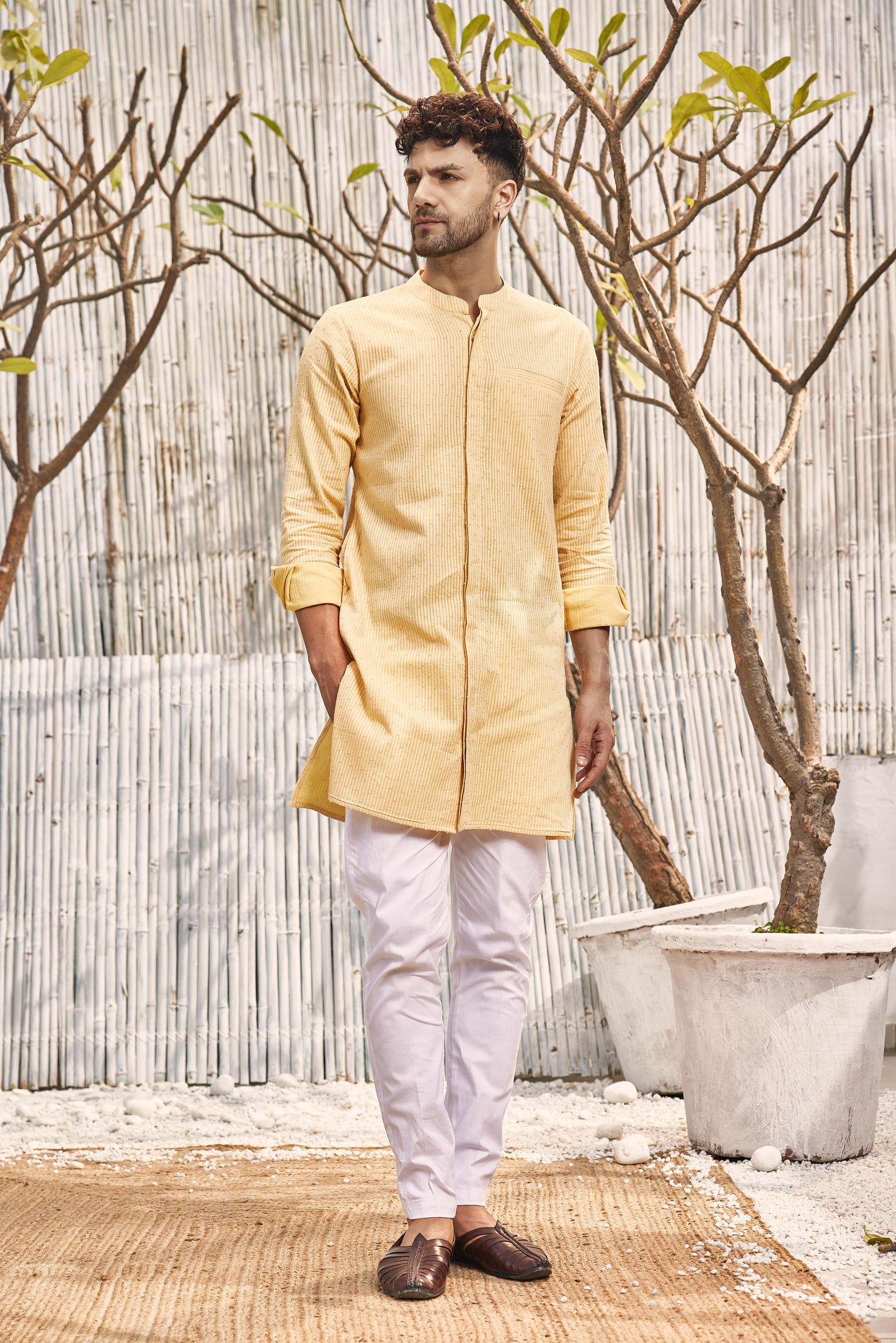 Cotton Placket Kurta - Yellow by Charkhee with Cotton, Dobby Cotton, Festive Wear, For Him, Kurtas, Menswear, Natural, Regular Fit, Shores 23, Textured, Tops, Wedding Gifts, Yellow at Kamakhyaa for sustainable fashion