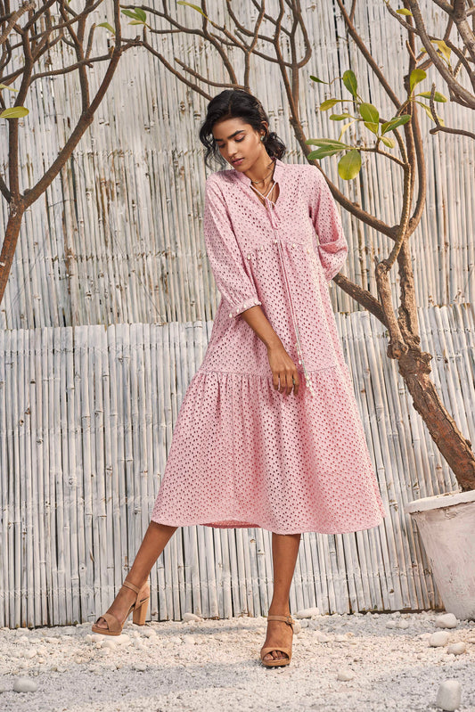 Breezy Cotton Cutwork Dress in Blush Pink by Charkhee with Cotton, Cutwork, Kurtas, Midi Dresses, Natural, Pink, Regular Fit, Resort Wear, Schiffli, Shores 23, Textured, Tiered Dresses, Womenswear at Kamakhyaa for sustainable fashion