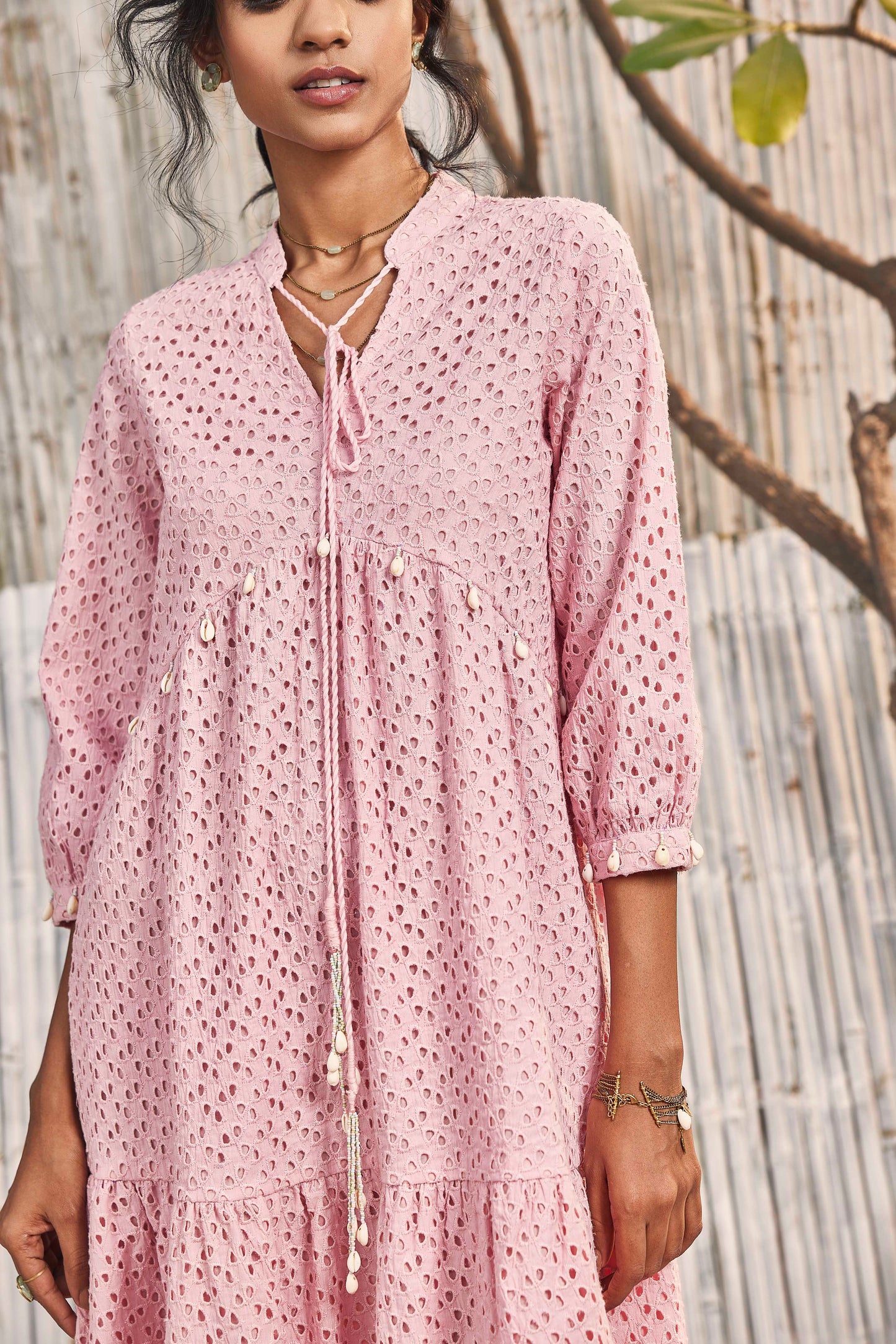 Breezy Cotton Cutwork Dress in Blush Pink Dresses Midi Dresses, Natural, Pink, Regular Fit, Resort Wear, Shores 23, Textured Charkhee Kamakhyaa