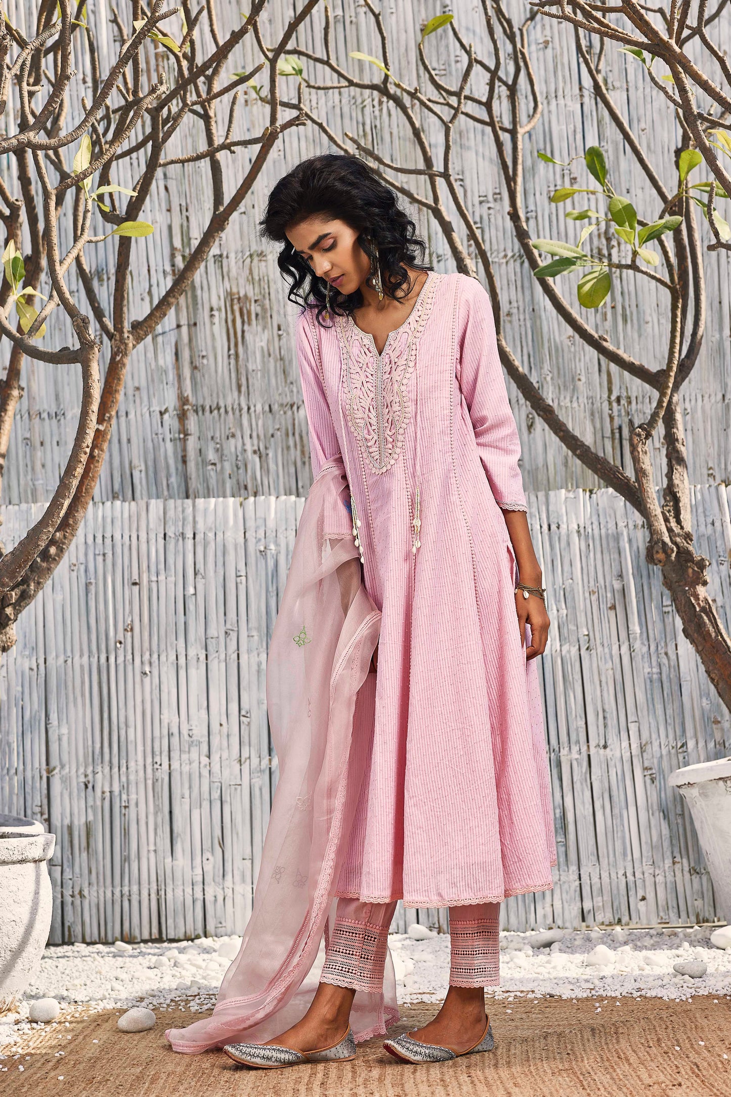 Blush Pink Flairy Cotton Kurta with Pant - Set of 3 by Charkhee with Best Selling, Cotton, Cotton Satin, Dobby Cotton, Festive Wear, Indian Wear, Kurta Pant Sets, Kurta Set With Dupatta, Natural, Pink, Regular Fit, Shores 23, Shores by Charkherr, Textured, Womenswear at Kamakhyaa for sustainable fashion