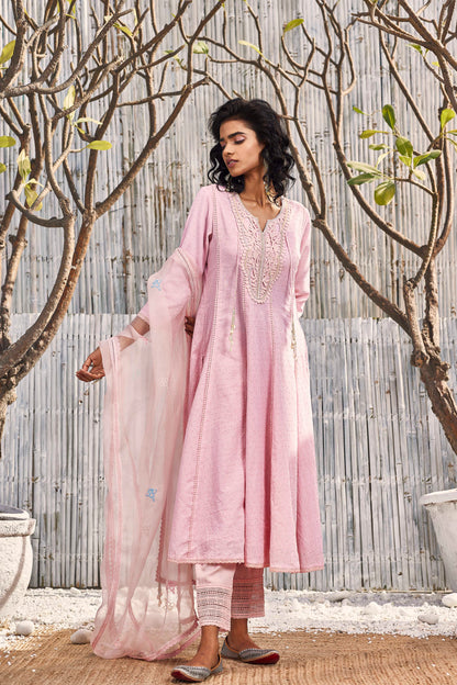 Blush Pink Flairy Cotton Kurta with Pant - Set of 3 by Charkhee with Best Selling, Cotton, Cotton Satin, Dobby Cotton, Festive Wear, Indian Wear, Kurta Pant Sets, Kurta Set With Dupatta, Natural, Pink, Regular Fit, Shores 23, Shores by Charkherr, Textured, Womenswear at Kamakhyaa for sustainable fashion