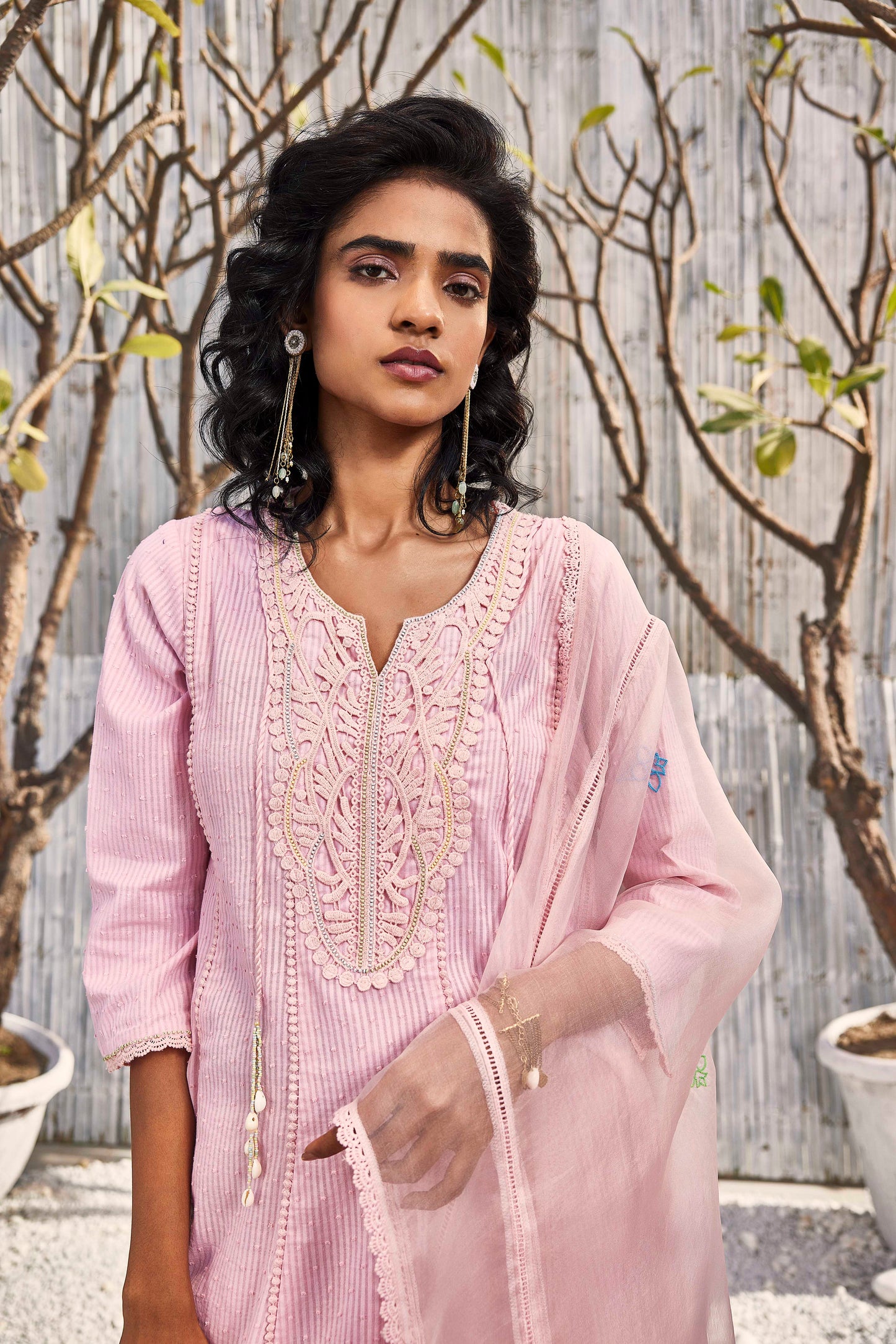 Blush Pink Flairy Cotton Kurta with Pant - Set of 3 by Charkhee with Best Selling, Cotton, Cotton Satin, Dobby Cotton, Festive Wear, Indian Wear, Kurta Pant Sets, Kurta Set With Dupatta, Natural, Pink, Regular Fit, Shores 23, Shores by Charkherr, Textured, Womenswear at Kamakhyaa for sustainable fashion