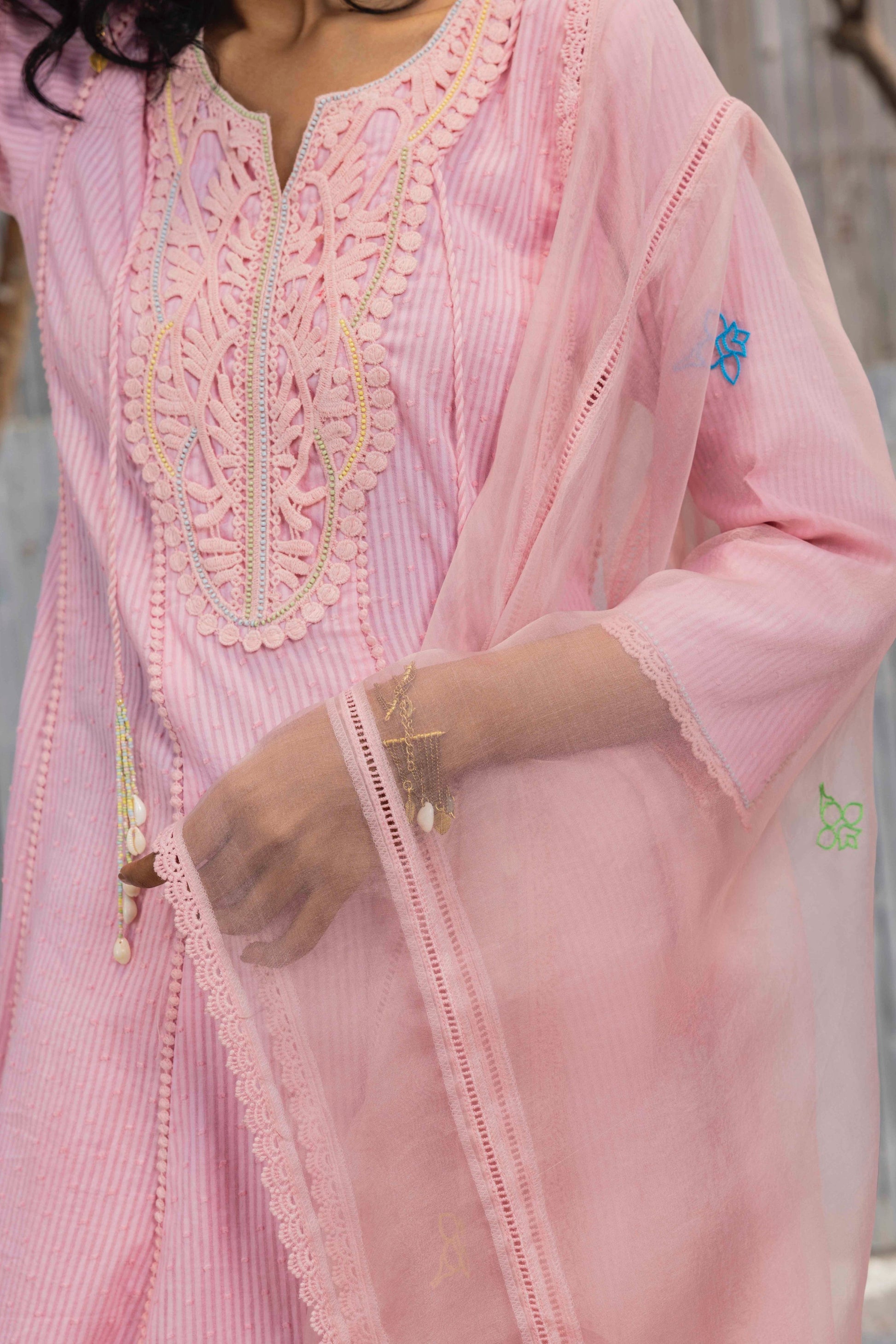 Blush Pink Flairy Cotton Kurta with Pant - Set of 3 by Charkhee with Best Selling, Cotton, Cotton Satin, Dobby Cotton, Festive Wear, Indian Wear, Kurta Pant Sets, Kurta Set With Dupatta, Natural, Pink, Regular Fit, Shores 23, Shores by Charkherr, Textured, Womenswear at Kamakhyaa for sustainable fashion